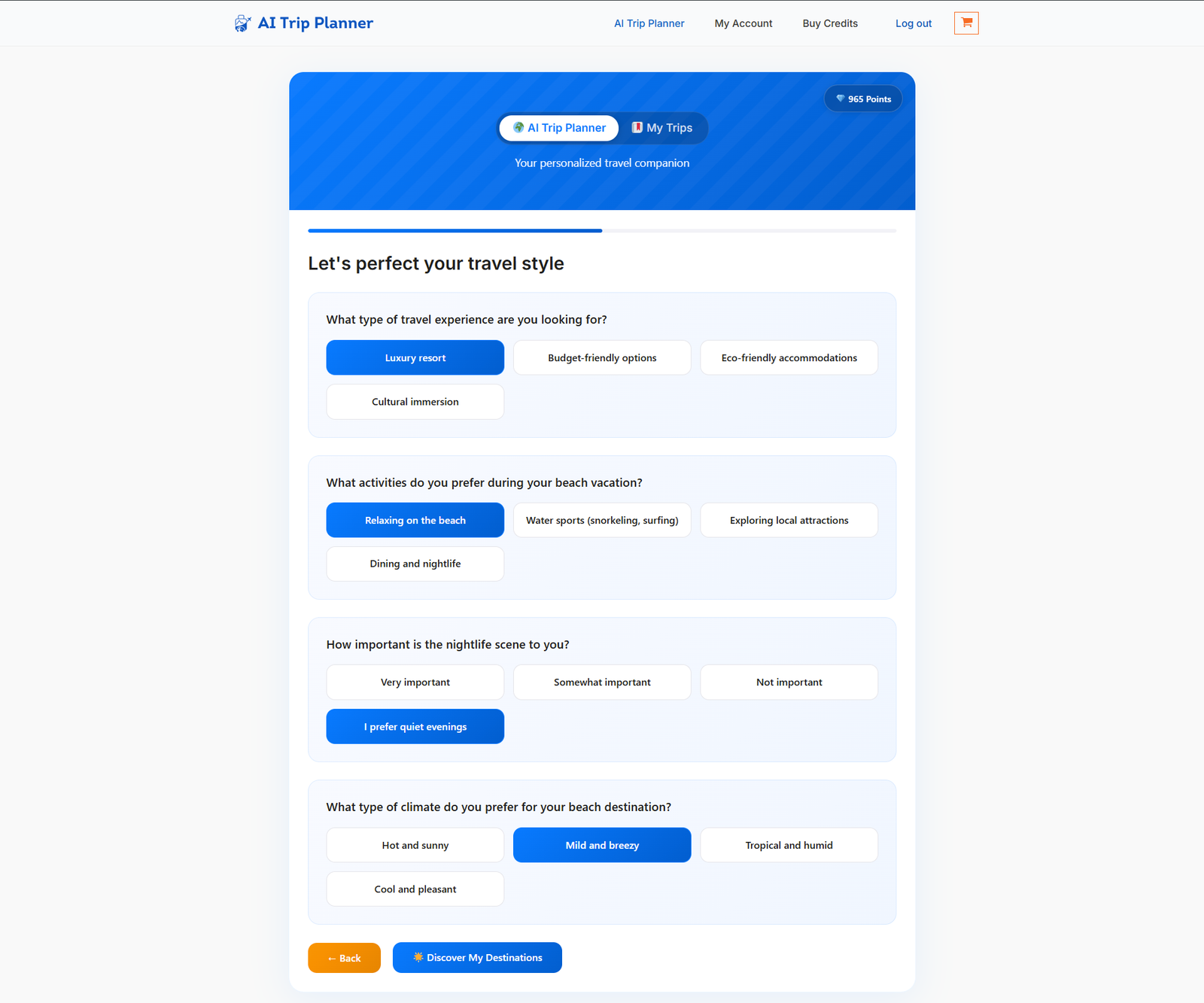AI asks smart questions to refine the user's travel preferences.
