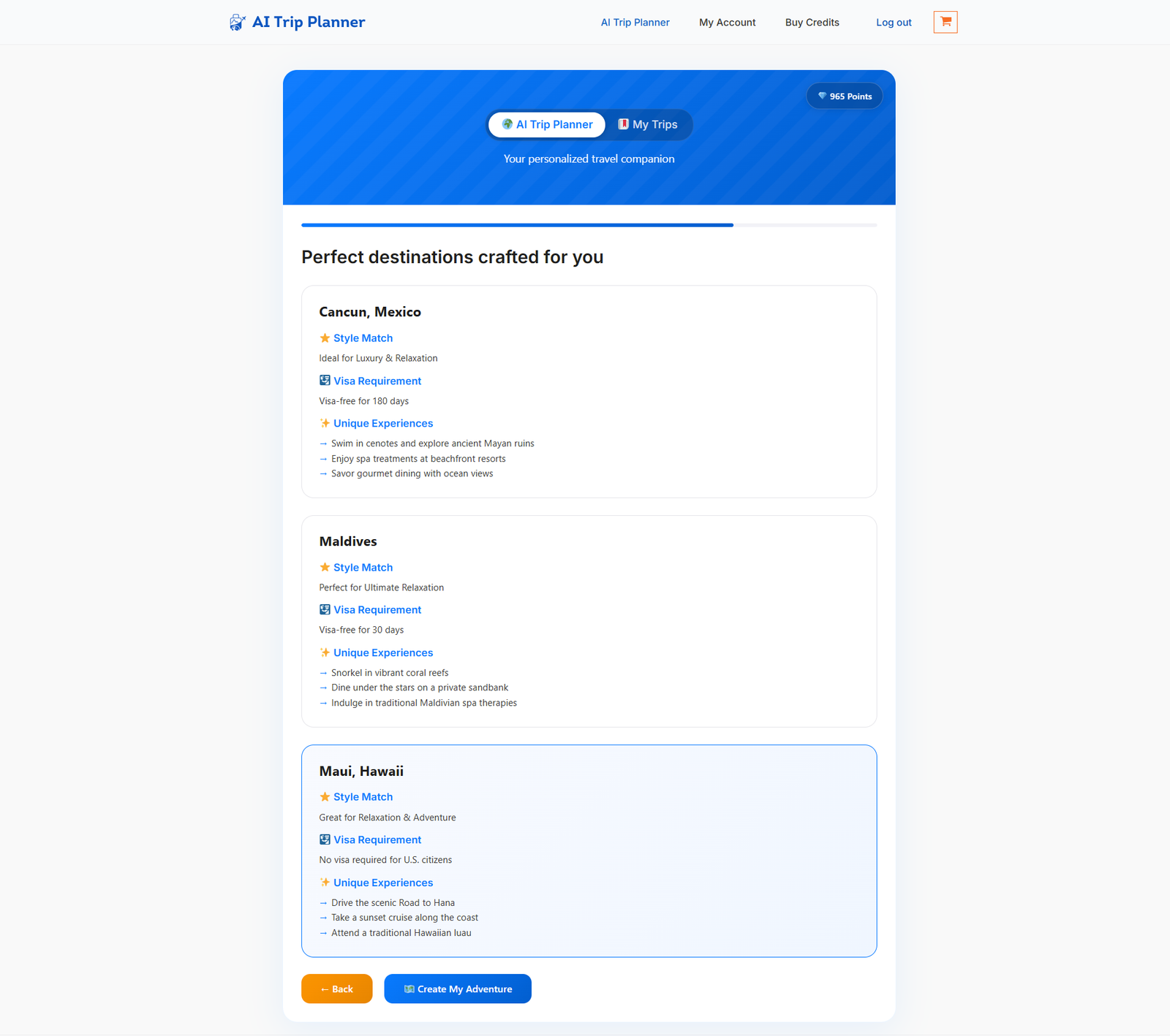 AI Trip Planner presents three curated destinations: Maui, Cancun, and Phuket.